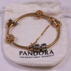 Pandora 14k Yellow Gold Bracelet 925 Sterling Heart Charms Safety Chain (R694)